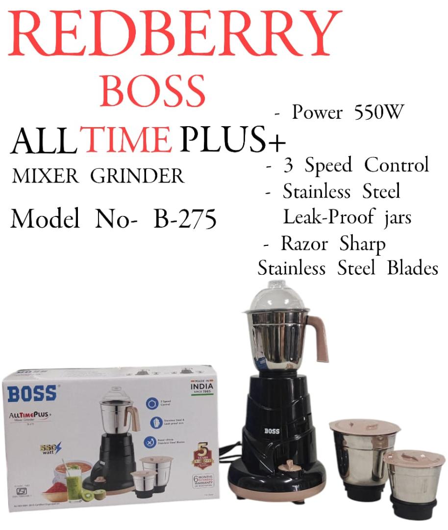 Redberry BOSS AllTimePlus Mixer Grinder B-275 with 550W Powerful Motor, 3 SS Jars, 5 years warranty*