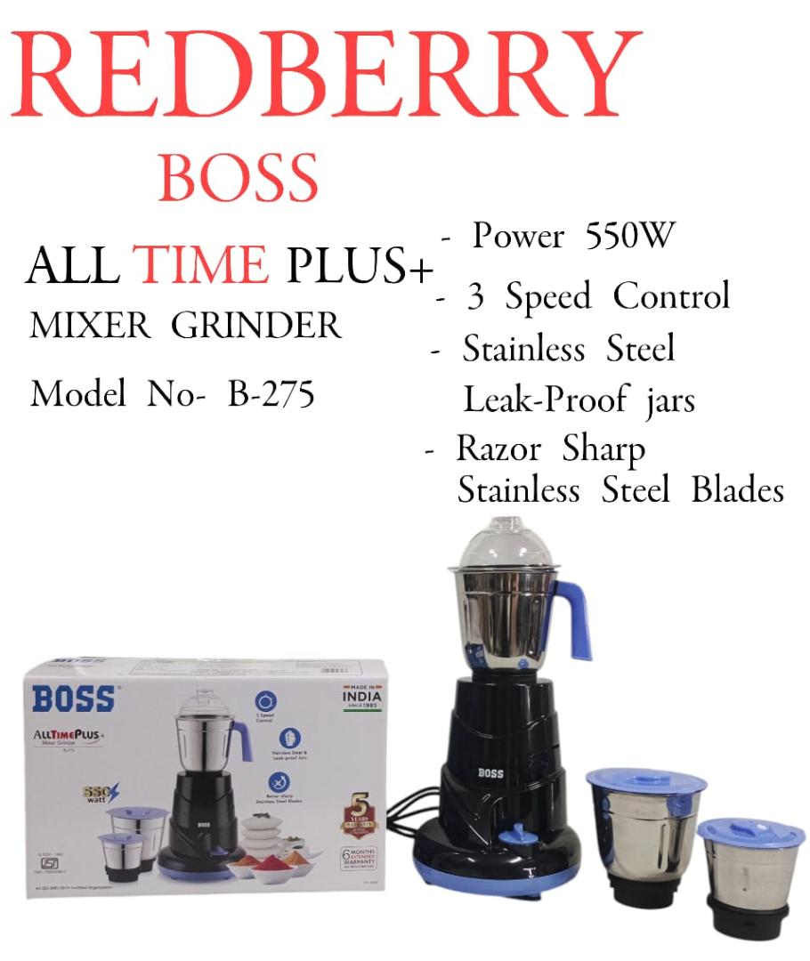 Redberry BOSS AllTimePlus Mixer Grinder B-275 with 550W Powerful Motor, 3 SS Jars, 5 years warranty*
