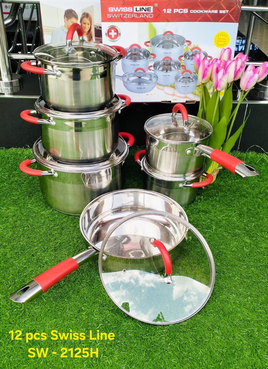 signature swiss line SW-2125H cookware set 12pcs stainless steel with glass lids and chrome plate handles covered with red silicone cover sizes 16cm 18cm 20cm 24cm 16cm souce pan and 24cm frying pan
