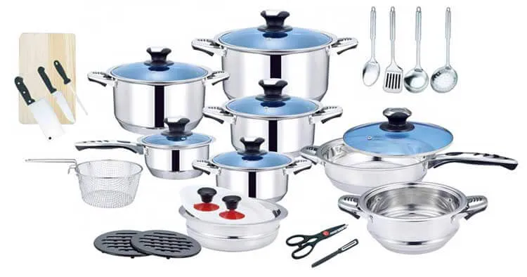 Marwa cookware set 30pcs non stick Original induction base Marwa Germany Long-life 30pcs Stainless Heavy-duty Cookware Set with glass lids