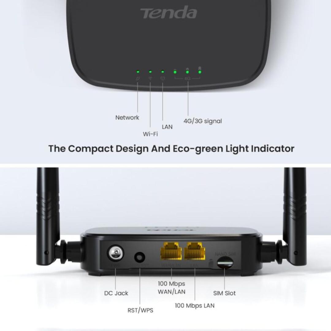 Tenda WiFi Router 4G SIM 4G03 Pro – Mobile WiFi Router 3G4G Wireless Band 2.4 GHz, LTE Cat4, Fast Ethernet LANWAN Port, 2 4dBi External Antenna, NANO SIM Card, Plug and Play