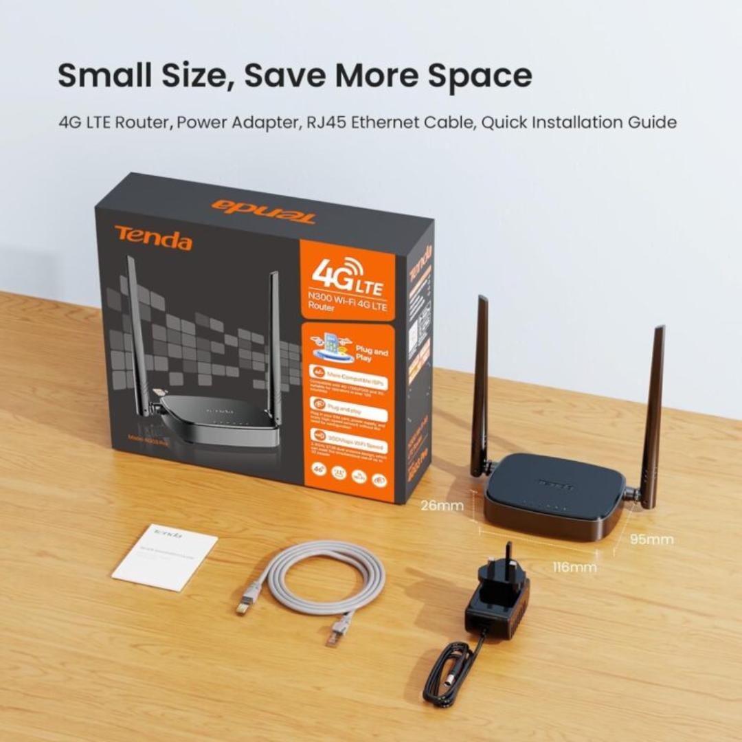 Tenda WiFi Router 4G SIM 4G03 Pro – Mobile WiFi Router 3G4G Wireless Band 2.4 GHz, LTE Cat4, Fast Ethernet LANWAN Port, 2 4dBi External Antenna, NANO SIM Card, Plug and Play