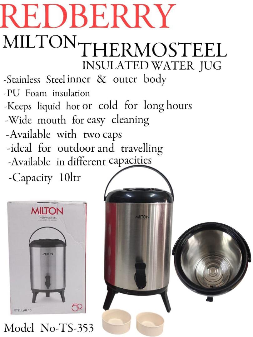 Redberry Milton tea urn 10L STAINLESS STEEL INSULATED WATER JUG 
INSIDE & OUT SIDE FULL S.STEEL
 MILTON - 10L