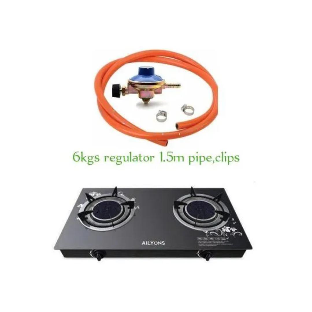 AILYONS 2 burner GS-005  Infrared gas cooker table top with Auto ignition and Glass tampered surface cookTop + 1. 5M gas Pipe + 6KG gas Regulator + 2 clips