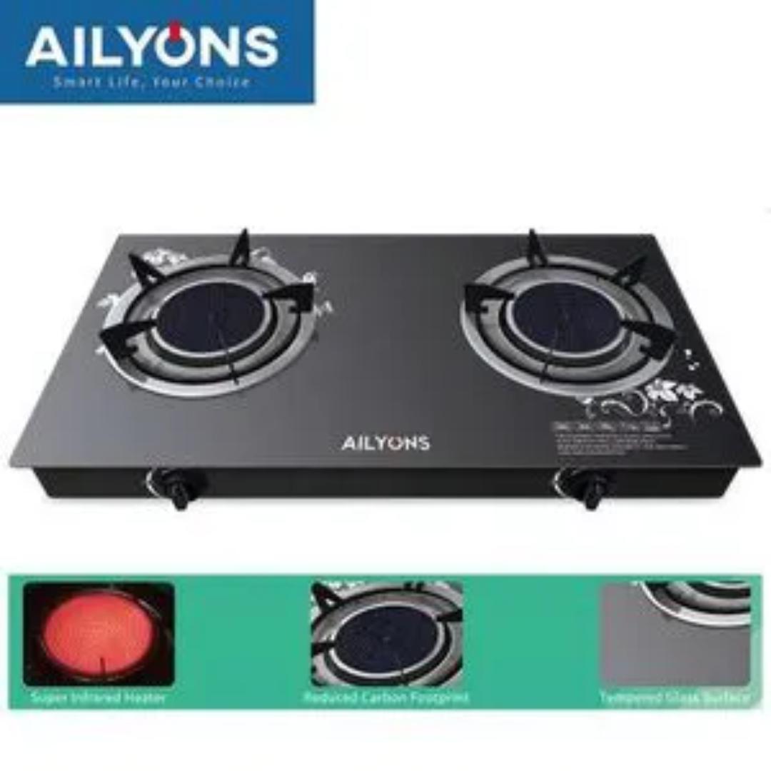 AILYONS 2 burner GS-005  Infrared gas cooker table top with Auto ignition and Glass tampered surface cookTop + 1. 5M gas Pipe + 6KG gas Regulator + 2 clips