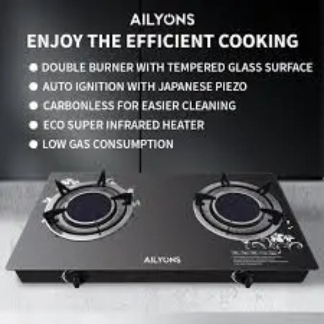 AILYONS 2 burner GS-005  Infrared gas cooker table top with Auto ignition and Glass tampered surface cookTop + 1. 5M gas Pipe + 6KG gas Regulator + 2 clips