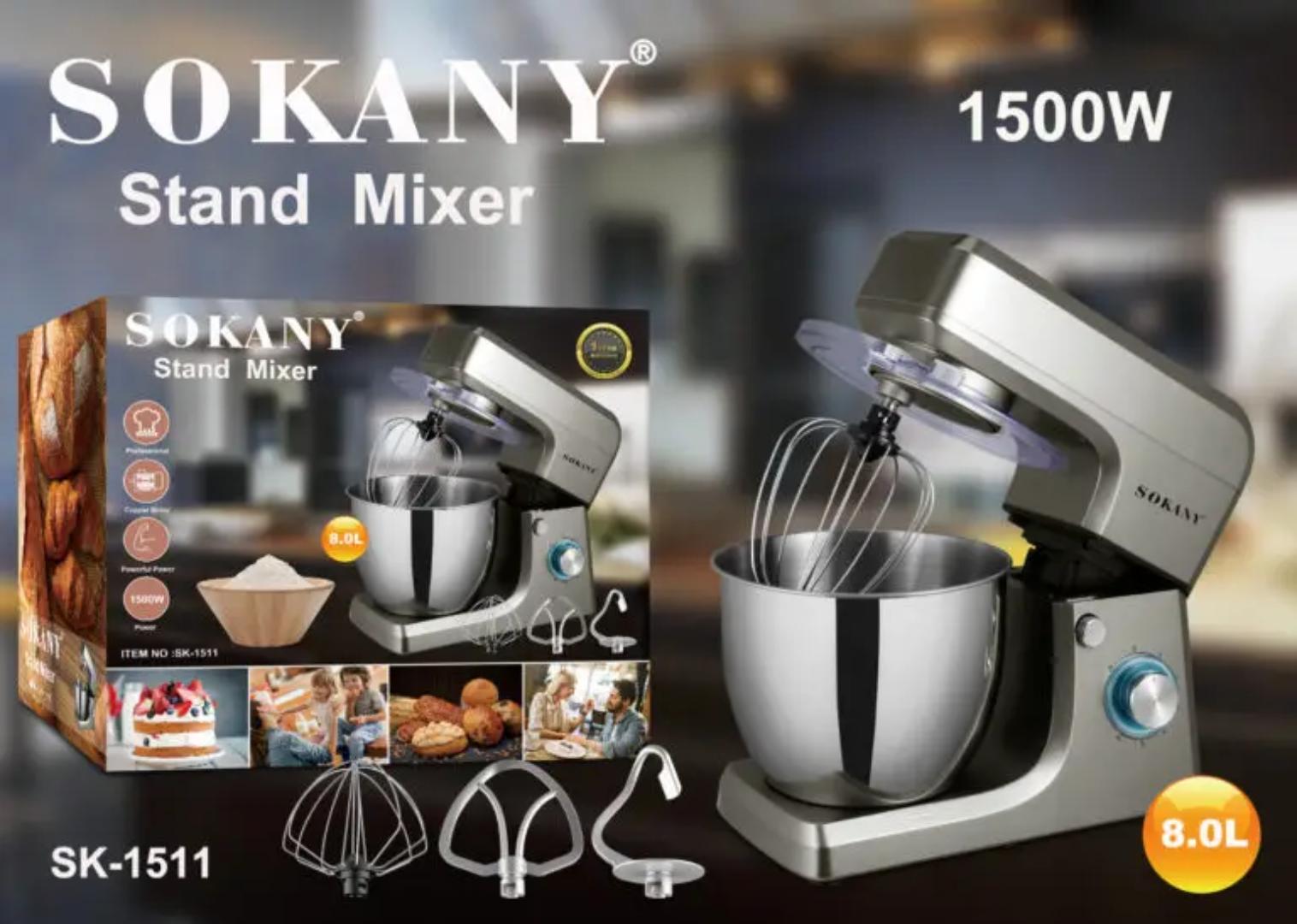 Sokany SK-1511 Stand Mixer 6 Speed ​​Adjustment 1500W Tilt Head Kitchen Electric Dough Mixer with 8L Stainless Steel Bowl Whisk Dough Hook Beater and Splash Guard Suitable for Home and Commercial