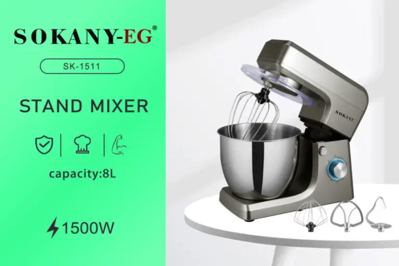 Sokany SK-1511 Stand Mixer 6 Speed ​​Adjustment 1500W Tilt Head Kitchen Electric Dough Mixer with 8L Stainless Steel Bowl Whisk Dough Hook Beater and Splash Guard Suitable for Home and Commercial