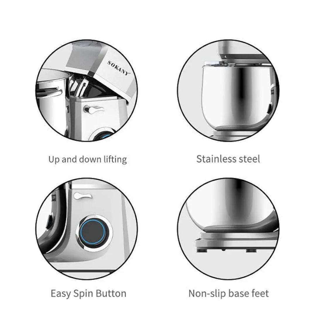 Sokany SK-1511 Stand Mixer 6 Speed ​​Adjustment 1500W Tilt Head Kitchen Electric Dough Mixer with 8L Stainless Steel Bowl Whisk Dough Hook Beater and Splash Guard Suitable for Home and Commercial