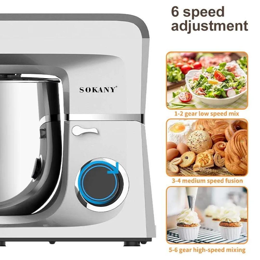 Sokany SK-1511 Stand Mixer 6 Speed ​​Adjustment 1500W Tilt Head Kitchen Electric Dough Mixer with 8L Stainless Steel Bowl Whisk Dough Hook Beater and Splash Guard Suitable for Home and Commercial