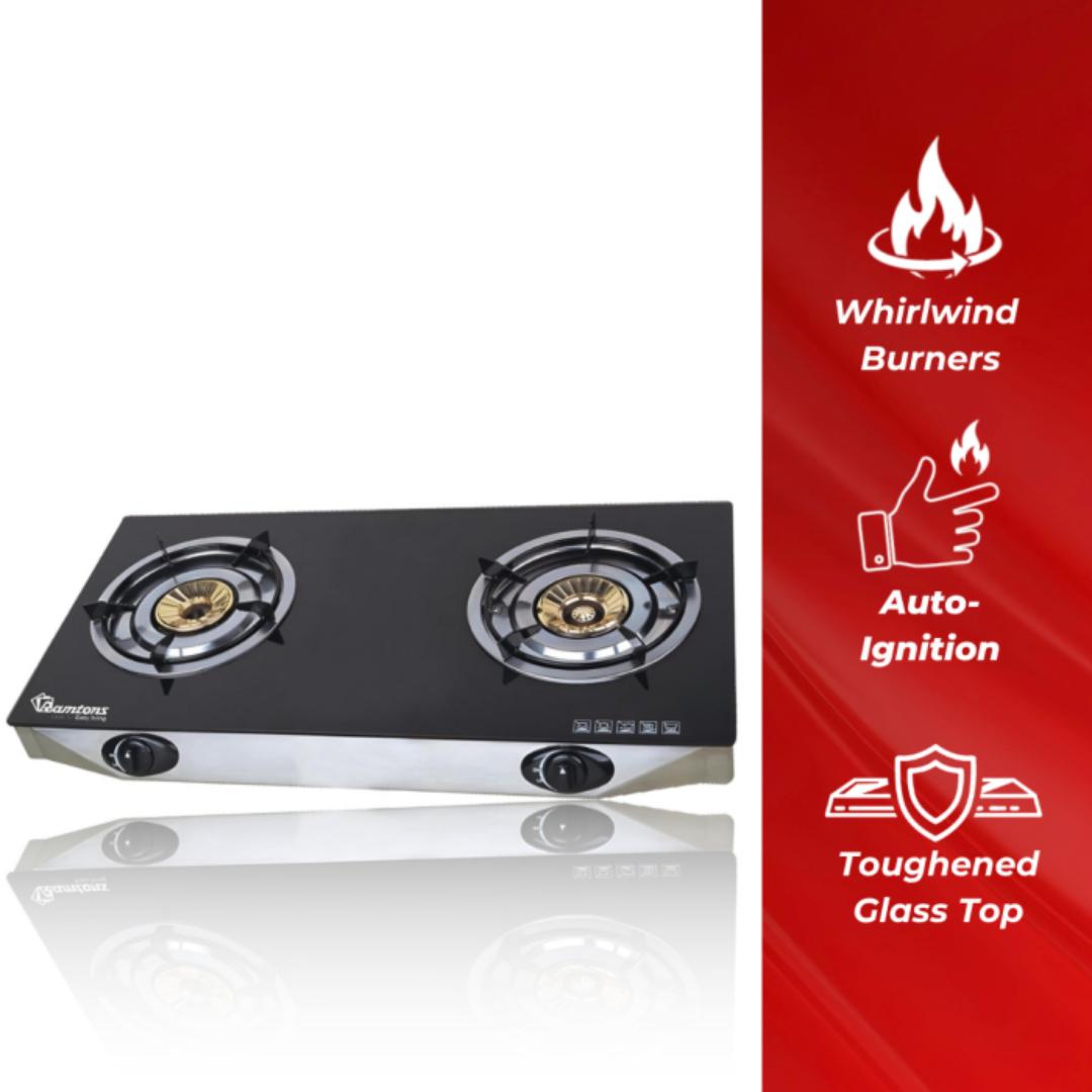 Ramtons RG/537 table top 2 BURNER GAS COOKER SUPER SLIM CERAMIC TOP
with auto ignition and whirlwind burners, toughened glass top