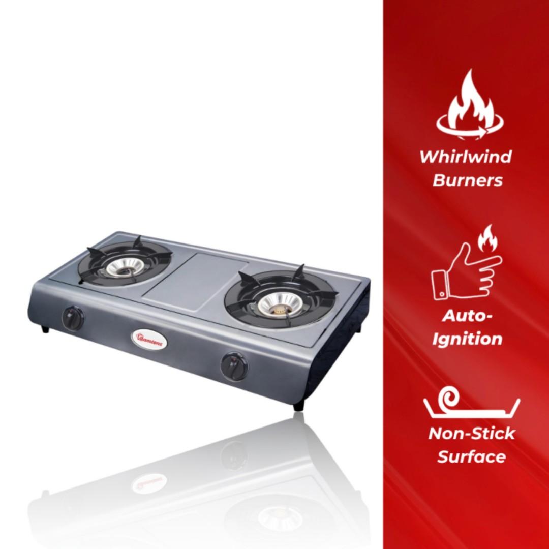 RAMTONS RG/515 table top 2 BURNER GAS COOKER stainless steel TEFLON COOKTOP WITH WHIRLWIND BURNERS AND AUTO IGNITION NON-STICK SURFACE 1YR WARRANTY