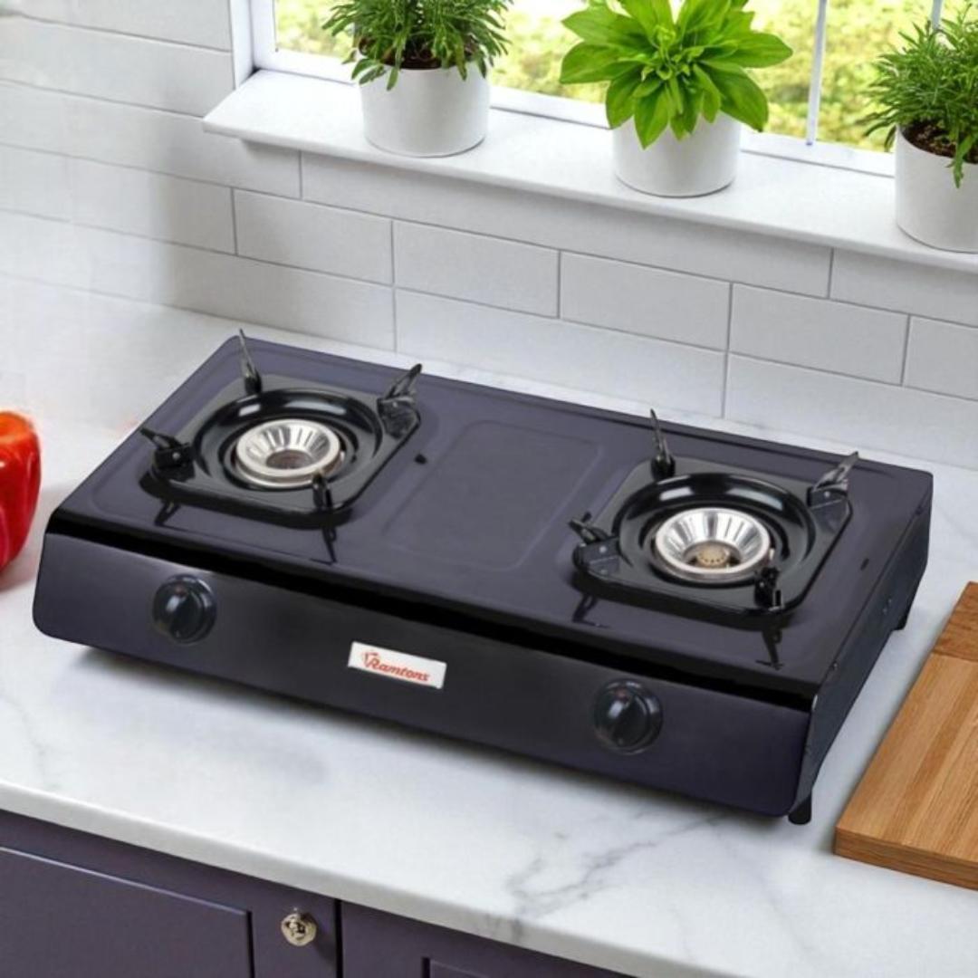 Ramtons RG/516 2 burner table top gas cooker Teflon with auto ignition and whirlwind burners black
