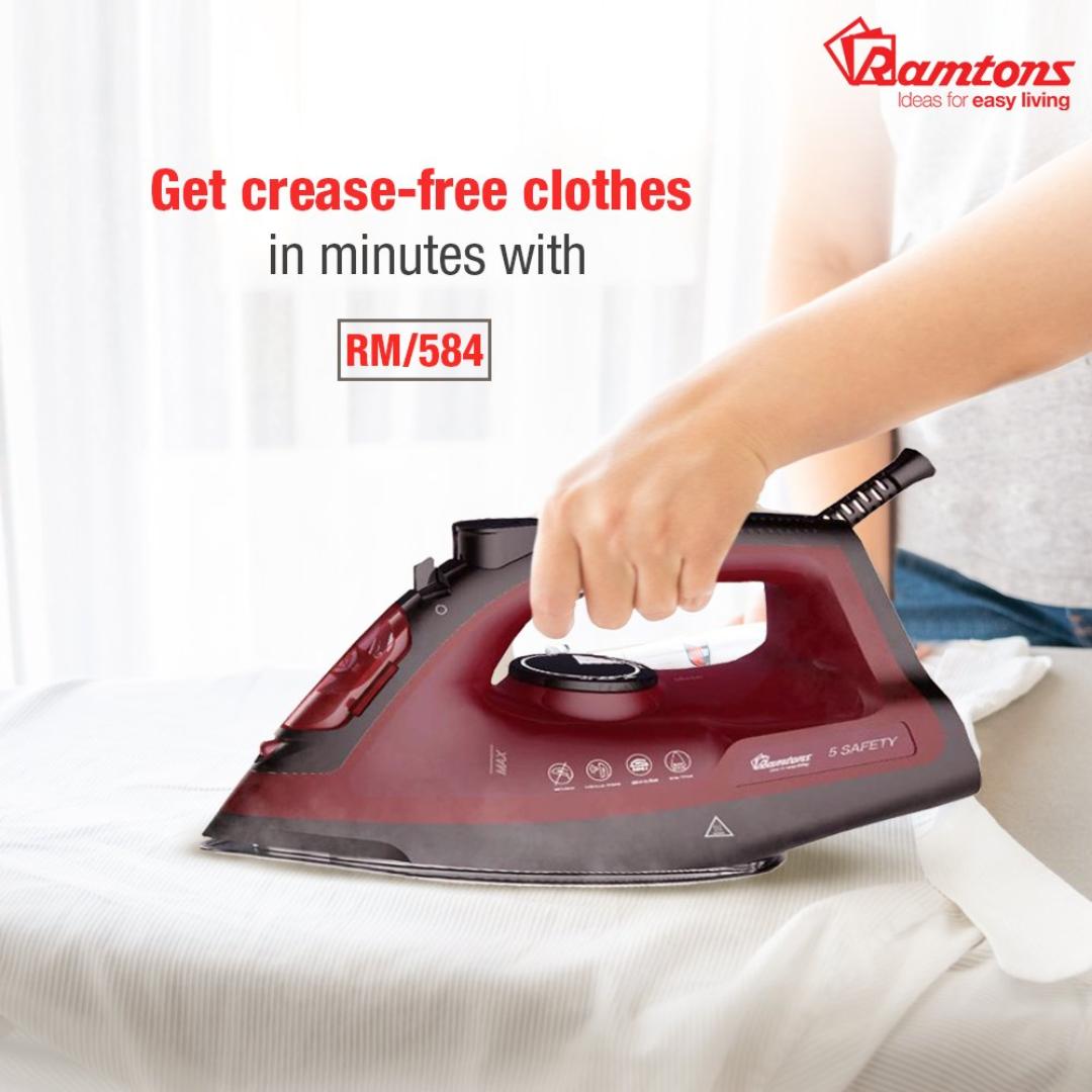 Ramtons RM/584  Commercial Steam  iron box iron with non stick coating soleplate and 320ml transparent water tank  2400W Red color