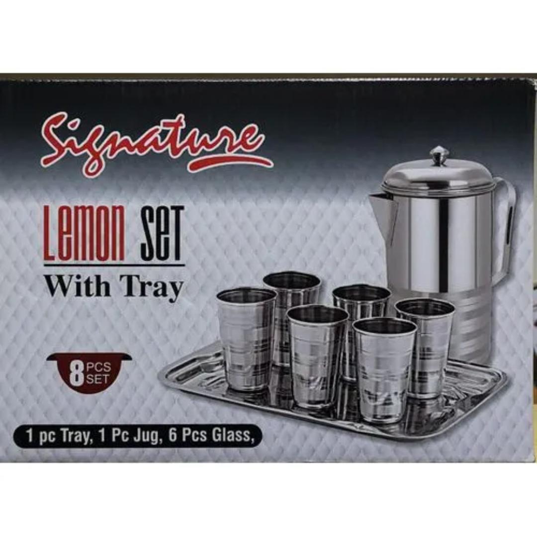 Signature 8pcs Lemon juice Serveware Stainless Steel Set (6pcs Glass+ 2L jug+ tray) -ZKD1129
