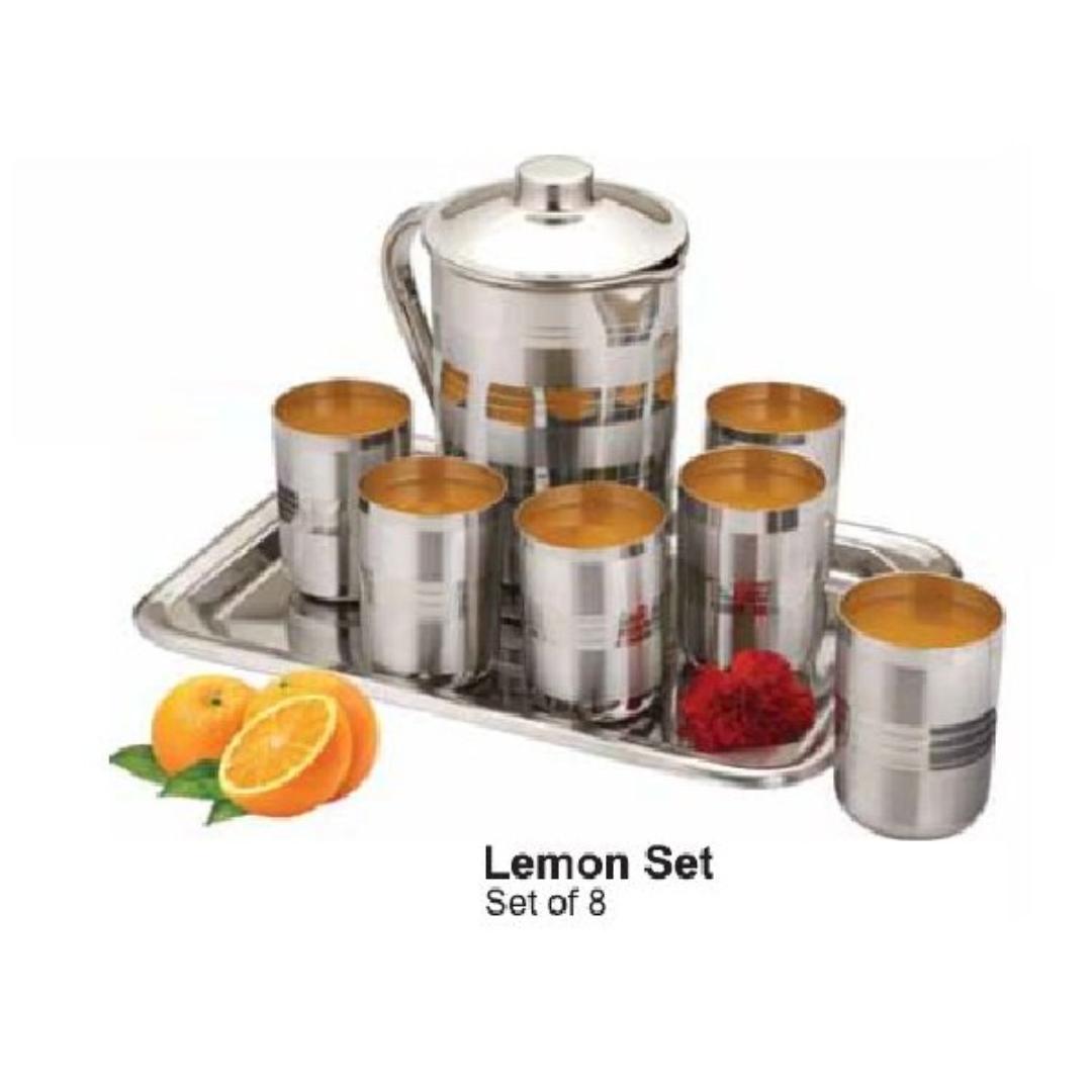 Signature 8pcs Lemon juice Serveware Stainless Steel Set (6pcs Glass+ 2L jug+ tray) -ZKD1129