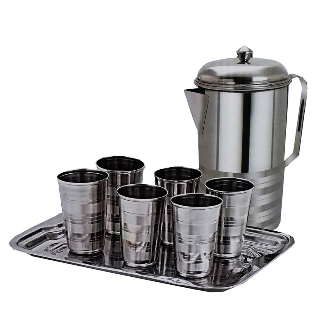 Signature 8pcs Lemon juice Serveware Stainless Steel Set (6pcs Glass+ 2L jug+ tray) -ZKD1129