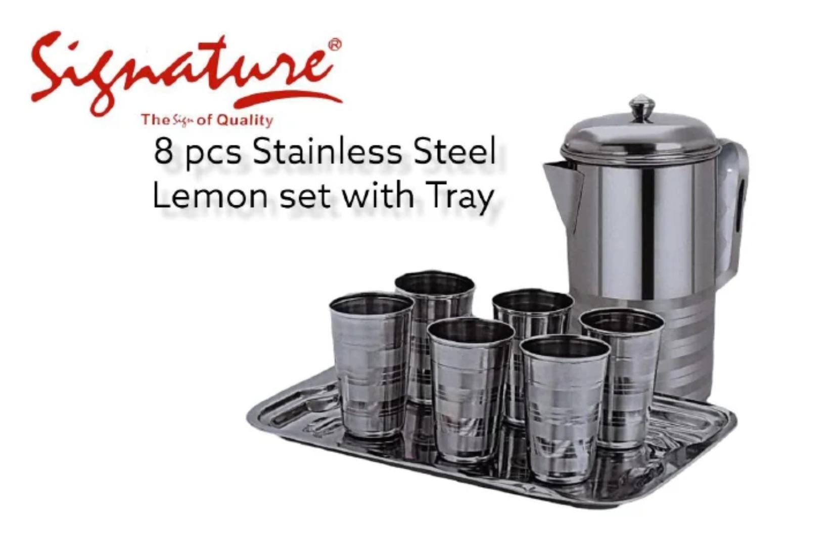 Signature 8pcs Lemon juice Serveware Stainless Steel Set (6pcs Glass+ 2L jug+ tray) -ZKD1129
