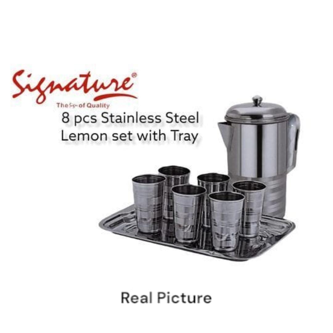 Signature 8pcs Lemon juice Serveware Stainless Steel Set (6pcs Glass+ 2L jug+ tray) -ZKD1129