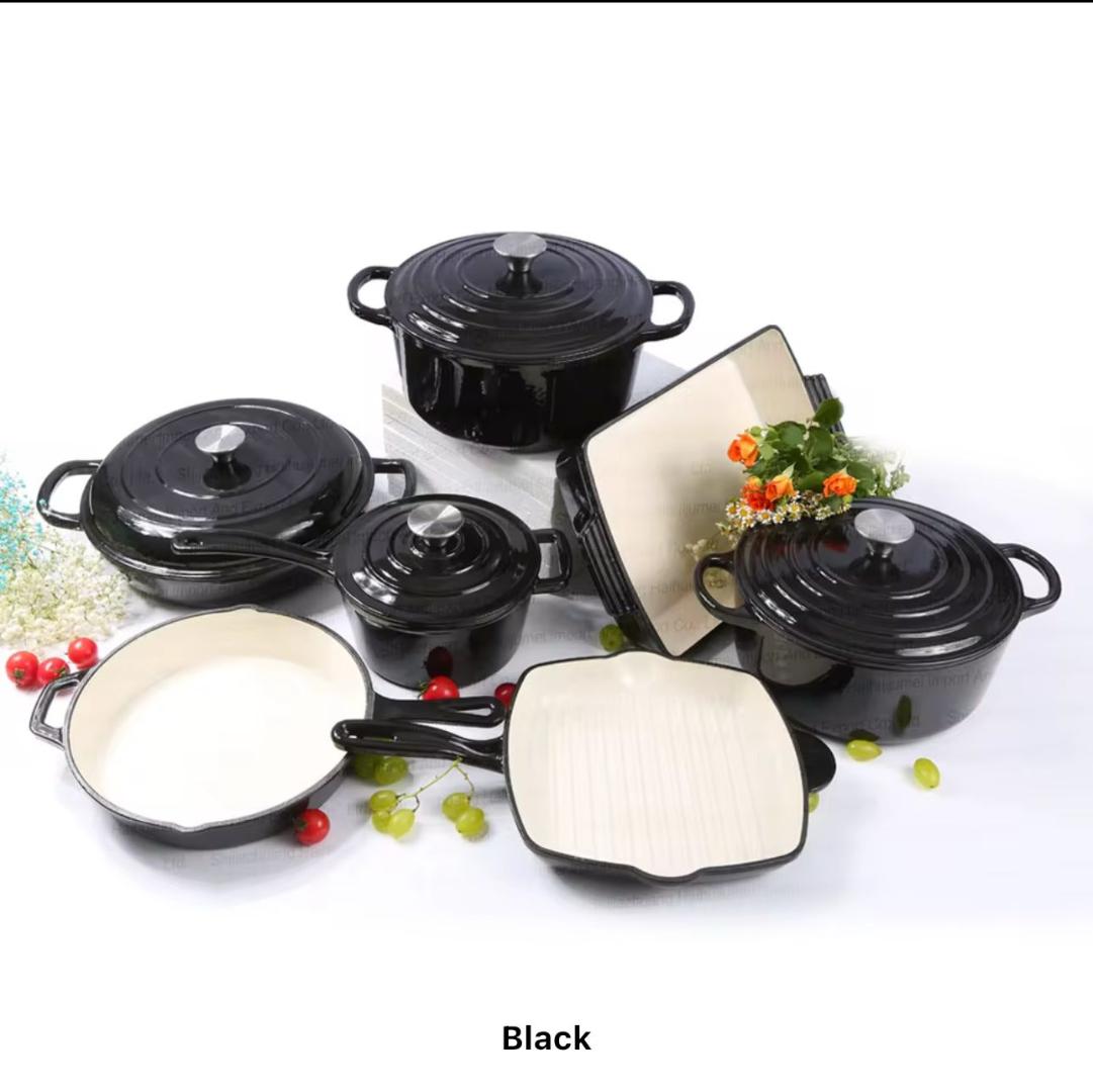 Enamel Cast Iron Cookware Set 11pcs Non stick Heavy Duty Cookware set + free Silicone Utensils