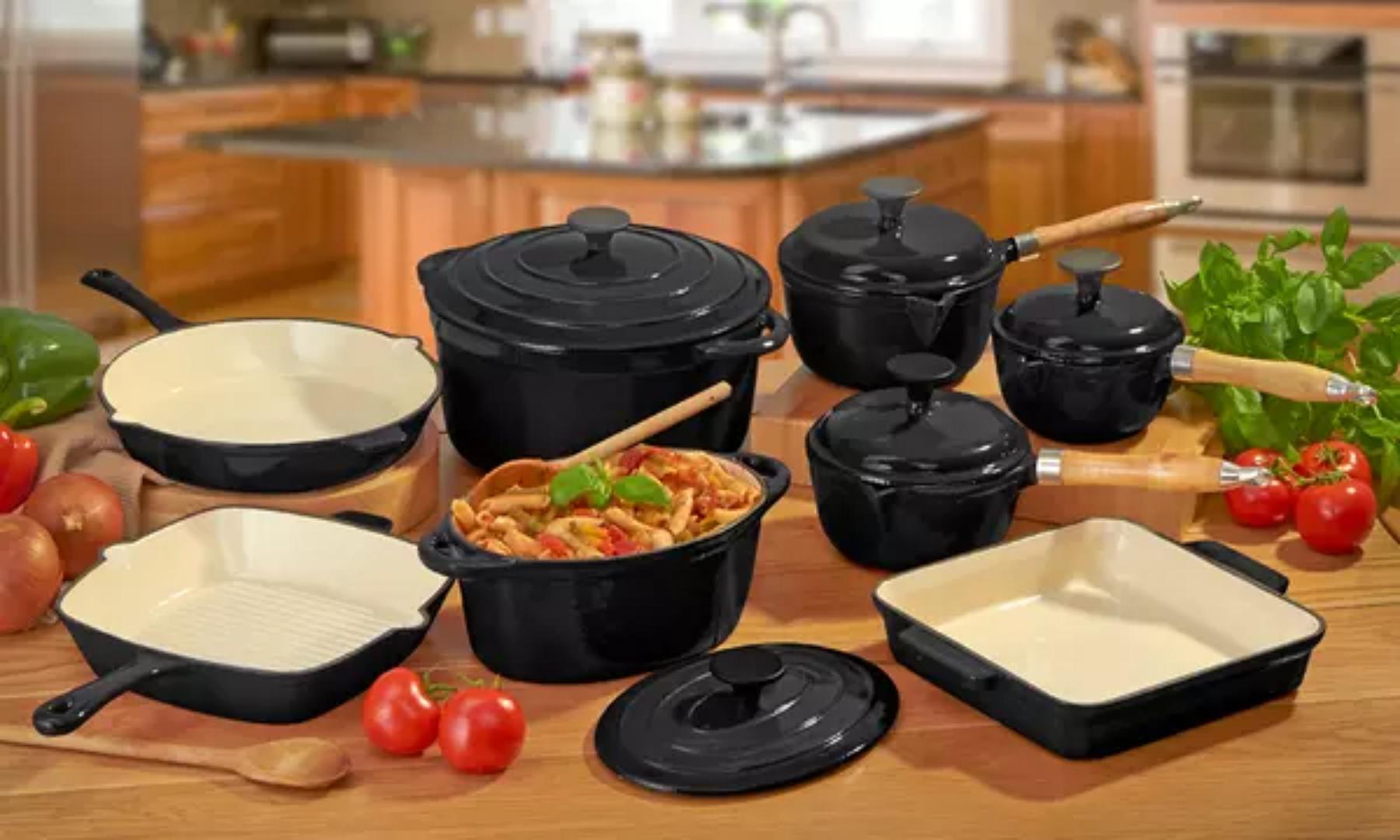 Enamel Cast Iron Cookware Set 11pcs Non stick Heavy Duty Cookware set + free Silicone Utensils