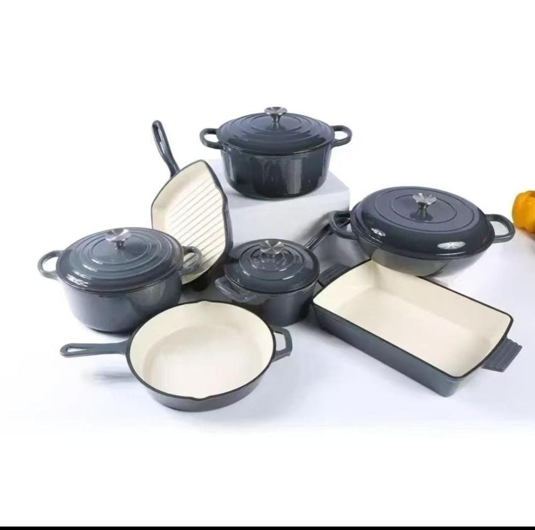 Enamel Cast Iron Cookware Set 11pcs Non stick Heavy Duty Cookware set + free Silicone Utensils