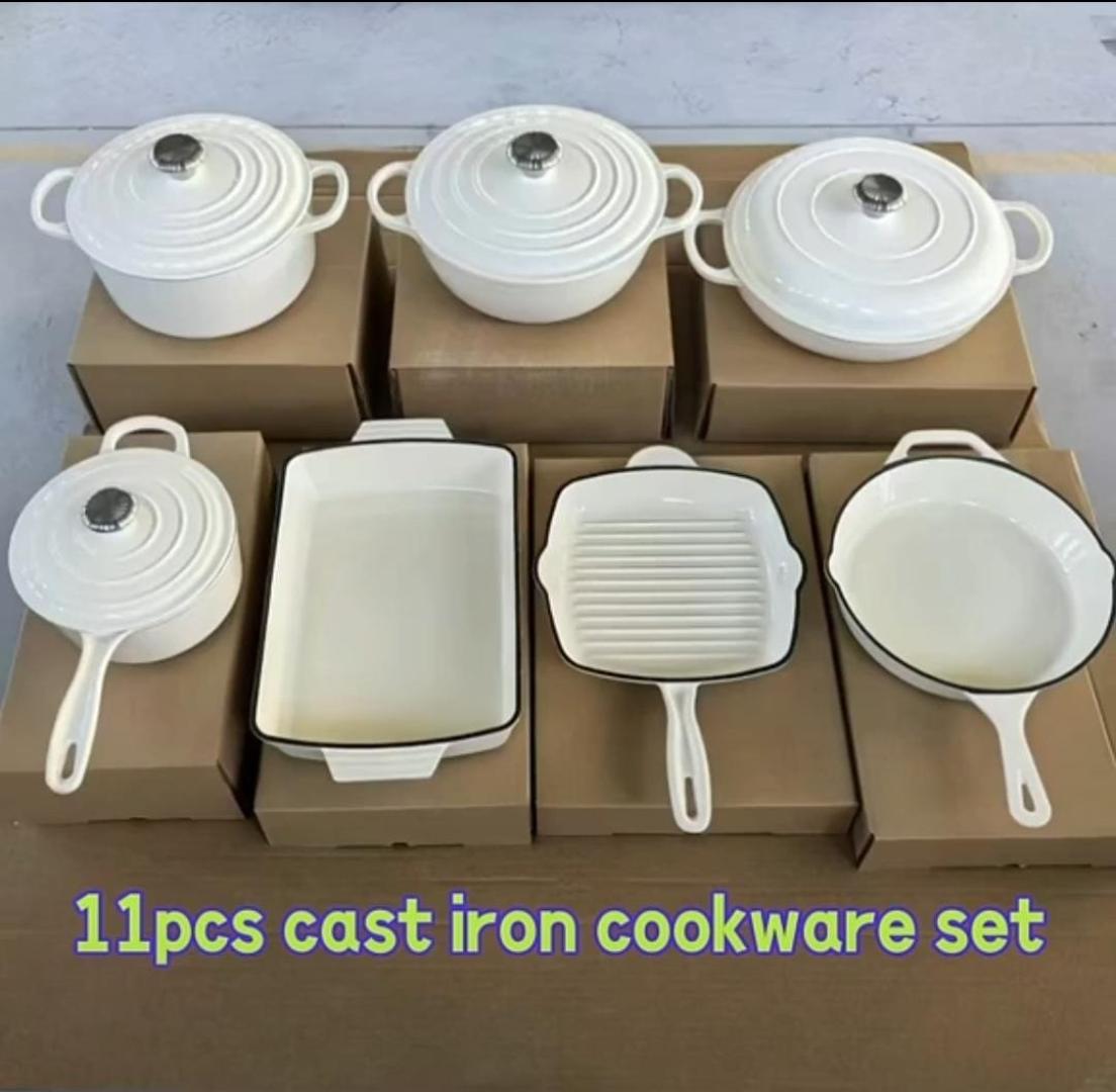 Enamel Cast Iron Cookware Set 11pcs Non stick Heavy Duty Cookware set + free Silicone Utensils