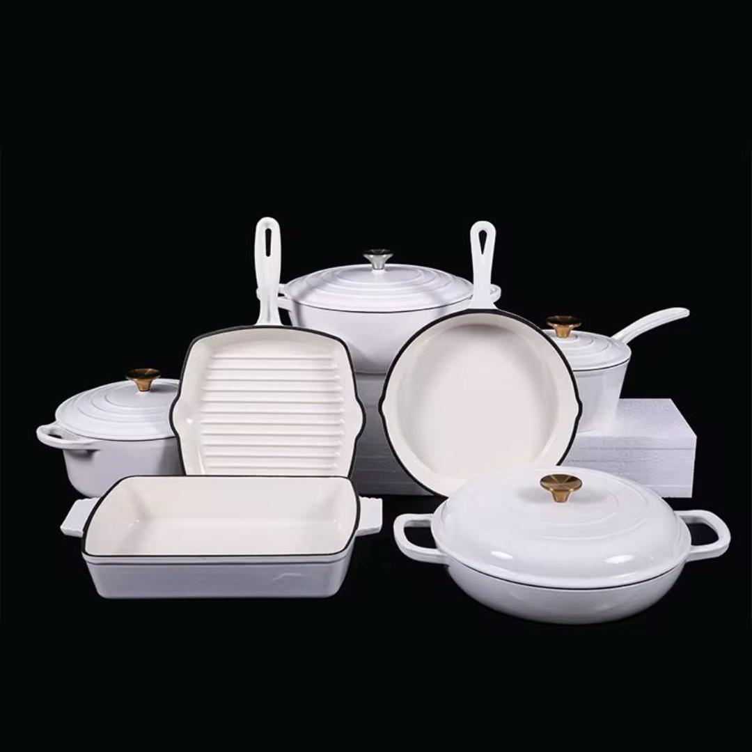 Enamel Cast Iron Cookware Set 11pcs Non stick Heavy Duty Cookware set + free Silicone Utensils