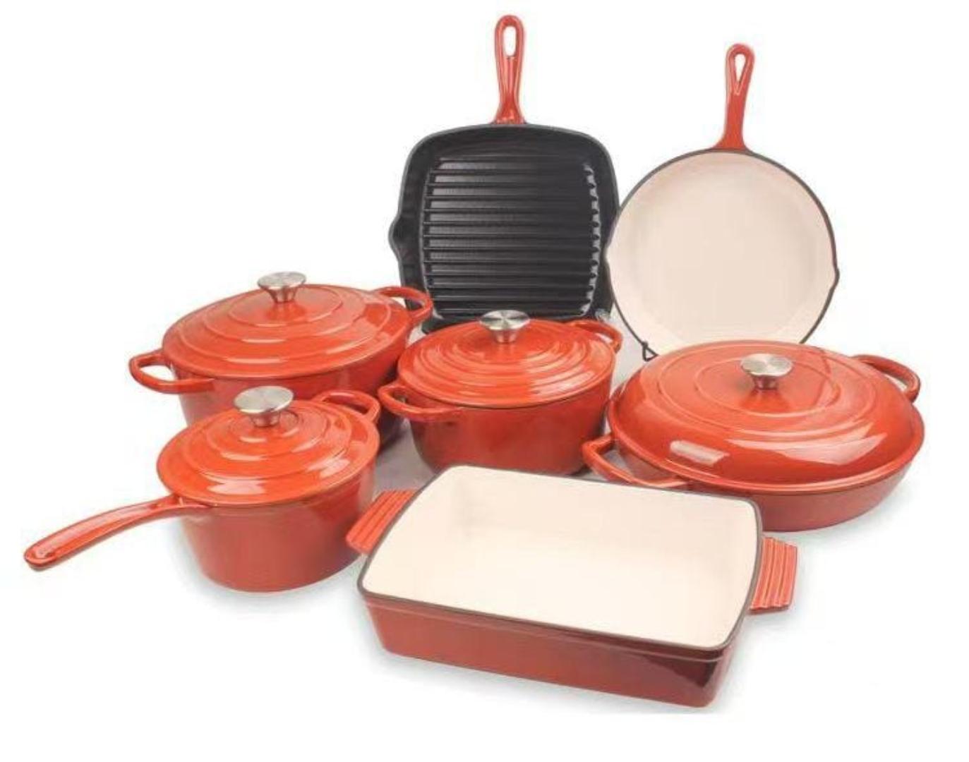 Enamel Cast Iron Cookware Set 11pcs Non stick Heavy Duty Cookware set + free Silicone Utensils