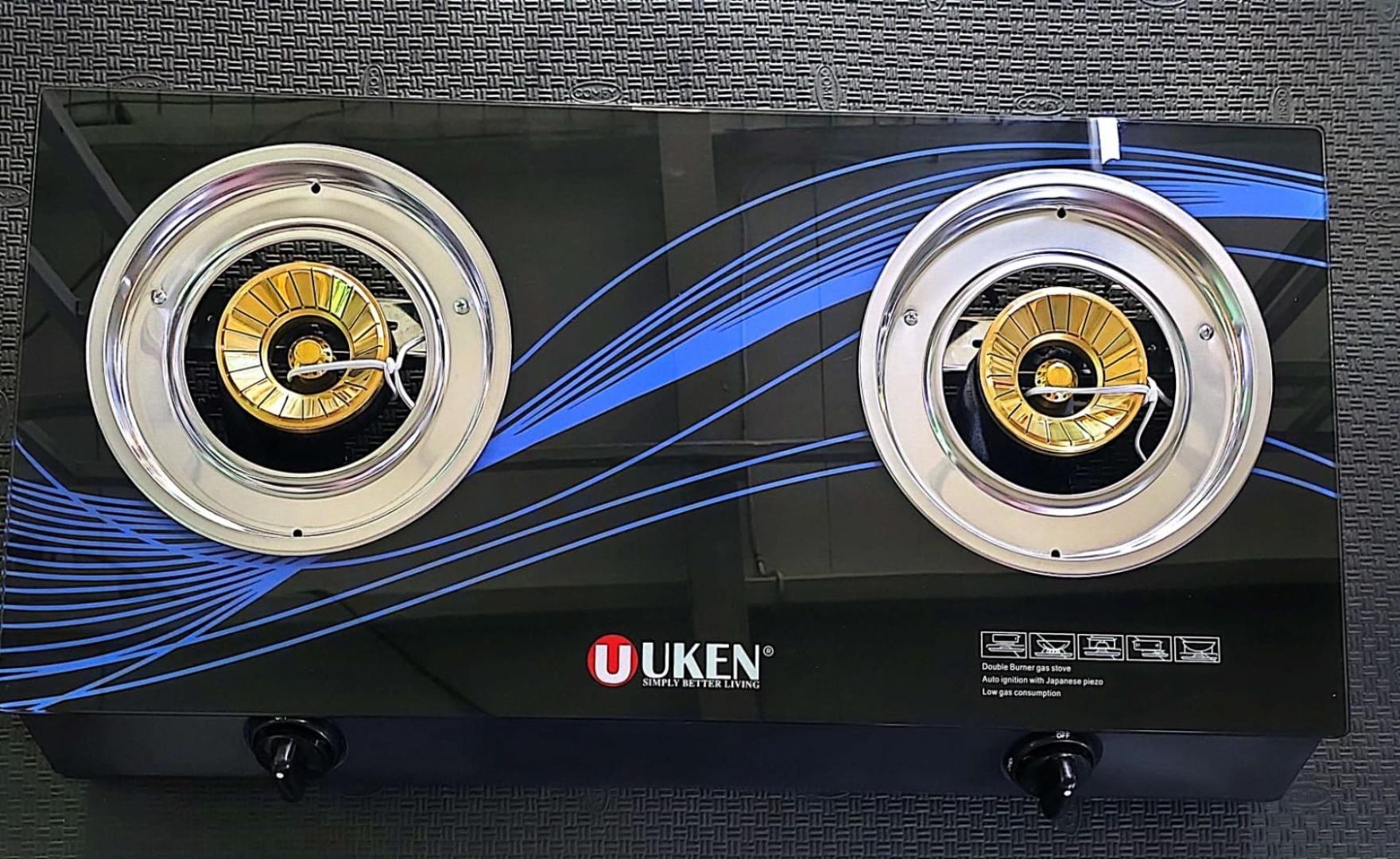 Uken 2 burner gas cooker with glass tempered cooktop with Automatic ignition and whirlwind burners with brass caps