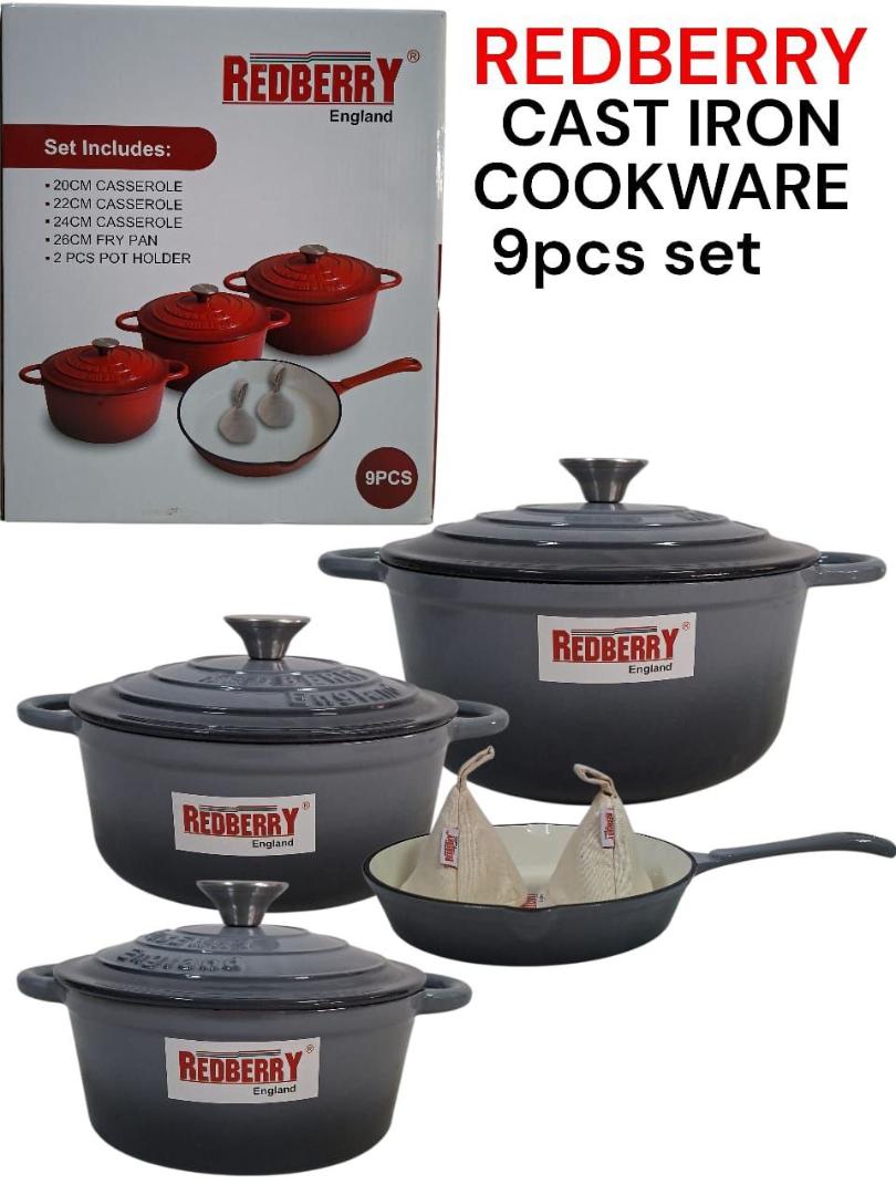 Redberry 9pcs Enamel coated cast iron cookware set 20,22,24cm casserole with lid, 26cm frying pan and 2pcs pot holder
