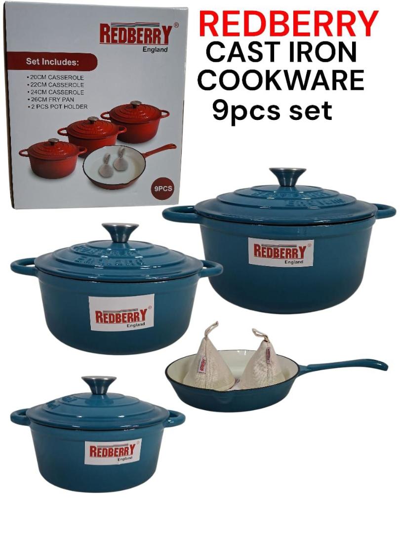 Redberry 9pcs Enamel coated cast iron cookware set 20,22,24cm casserole with lid, 26cm frying pan and 2pcs pot holder
