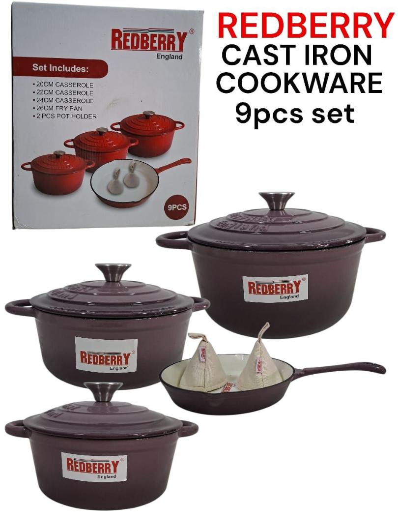 Redberry 9pcs Enamel coated cast iron cookware set 20,22,24cm casserole with lid, 26cm frying pan and 2pcs pot holder