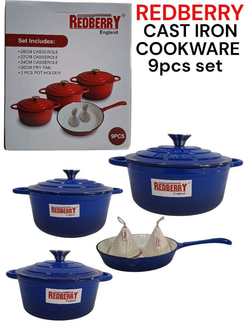 Redberry 9pcs Enamel coated cast iron cookware set 20,22,24cm casserole with lid, 26cm frying pan and 2pcs pot holder