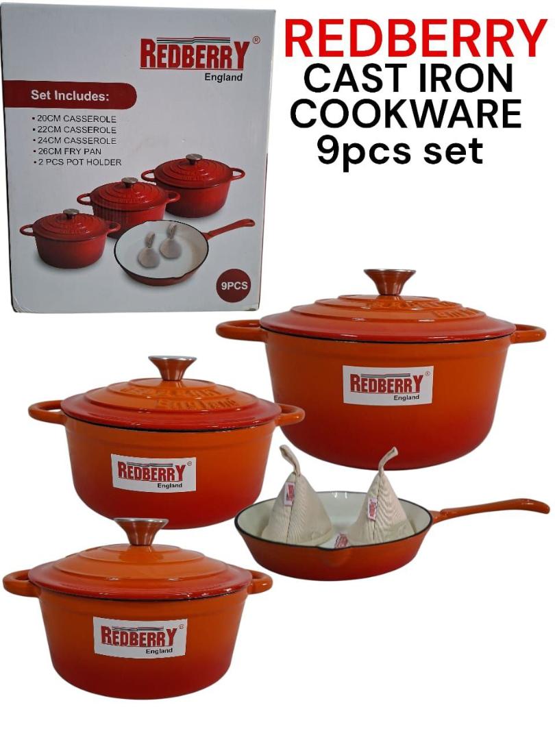 Redberry 9pcs Enamel coated cast iron cookware set 20,22,24cm casserole with lid, 26cm frying pan and 2pcs pot holder