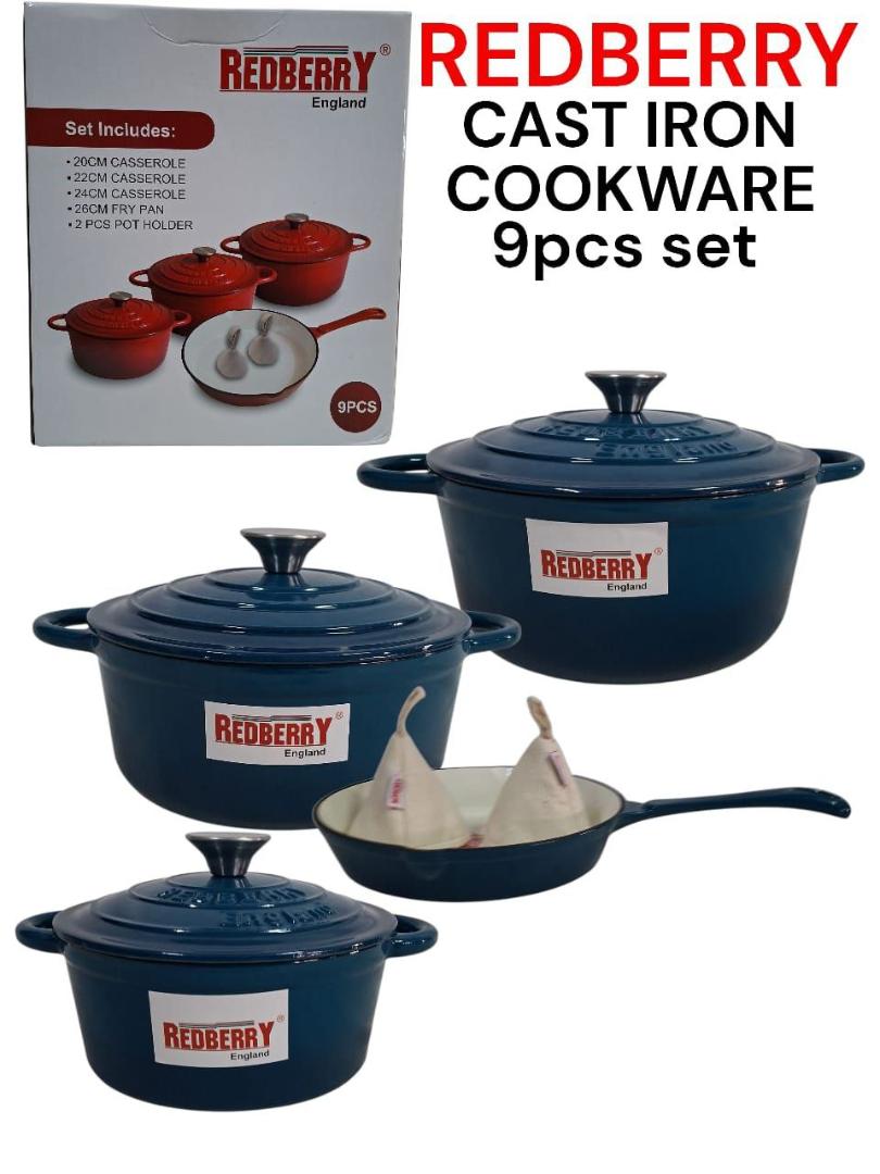 Redberry 9pcs Enamel coated cast iron cookware set 20,22,24cm casserole with lid, 26cm frying pan and 2pcs pot holder