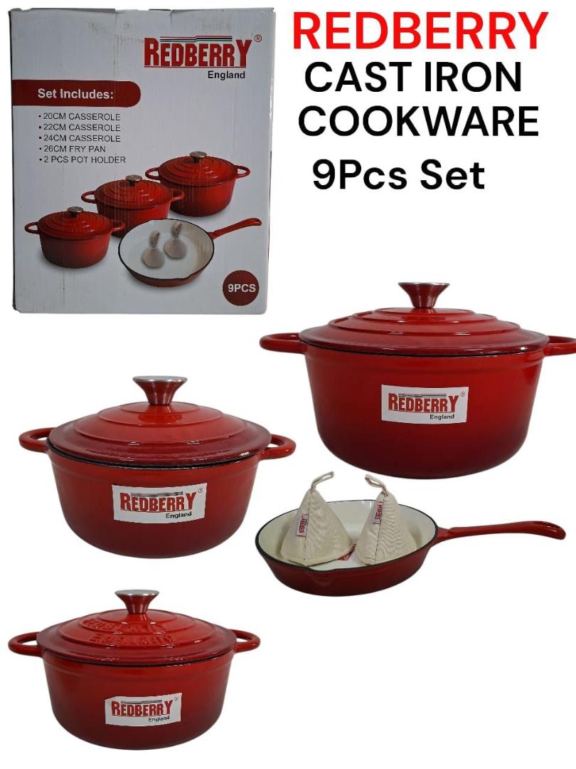 Redberry 9pcs Enamel coated cast iron cookware set 20,22,24cm casserole with lid, 26cm frying pan and 2pcs pot holder