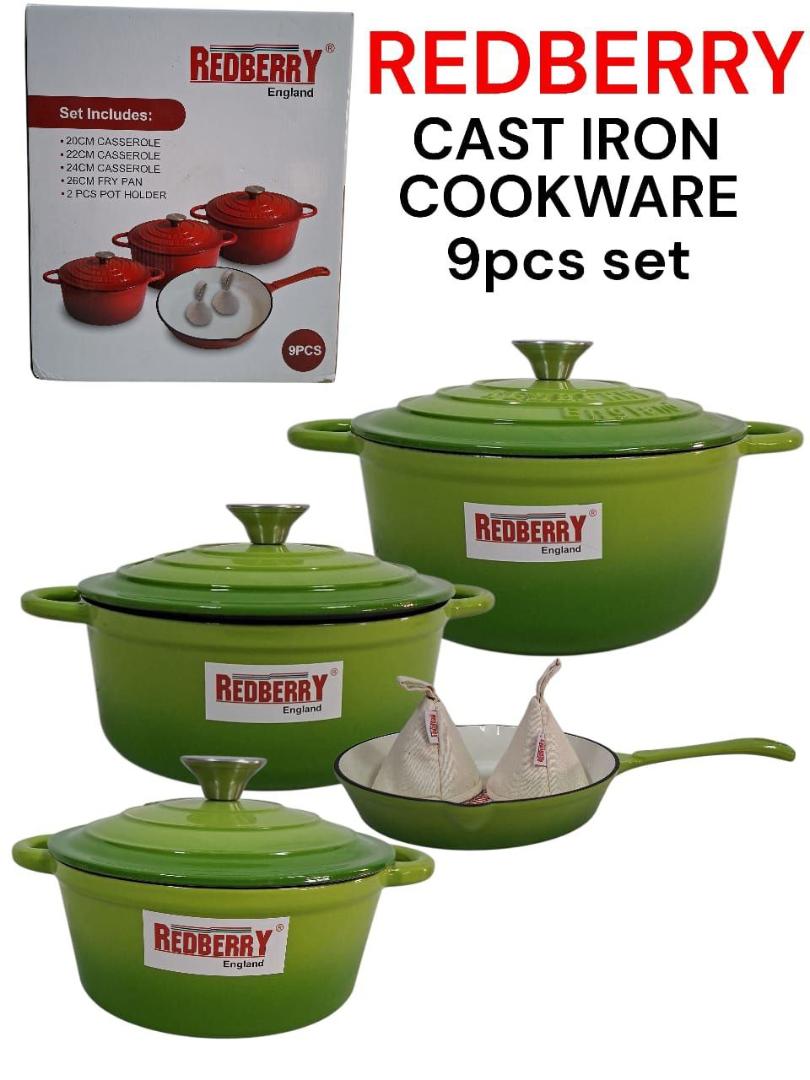 Redberry 9pcs Enamel coated cast iron cookware set 20,22,24cm casserole with lid, 26cm frying pan and 2pcs pot holder