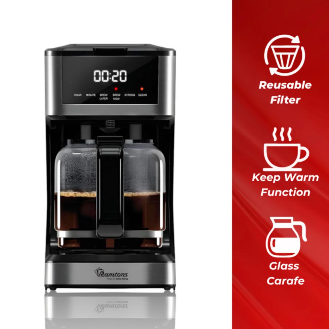 Ramtons RM/769 digital Coffee Maker with reusable filter and keep warm function 1.8L

glass carafe led display and touch screen control