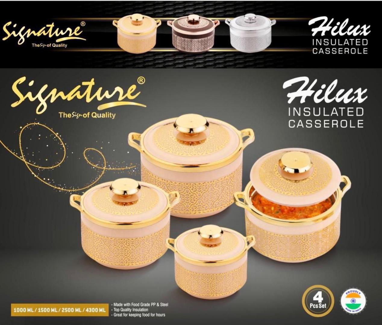 Signature Hilux hotpots 4pcs insulated double layer casserole sizes 1000ml, 1500ml, 2500ml and 4300ml