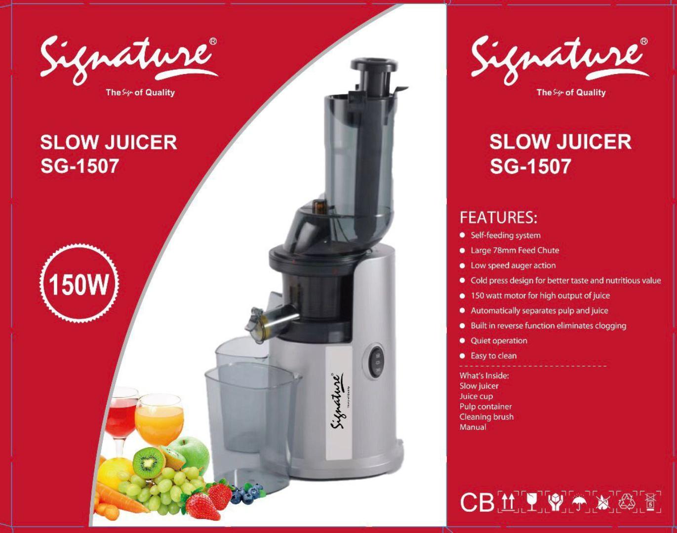 Signature SG-1507 Slow Juicer with 1L juice cup and 150W motor, self feeding system which seperates pulp and juice cold press design and reverse function to eliminate clogging