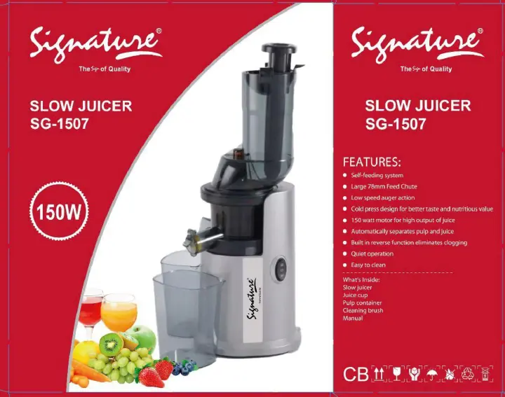 Signature SG-1507 Slow Juicer with 1L juice cup and 150W motor, self feeding system which seperates pulp and juice cold press design and reverse function to eliminate clogging