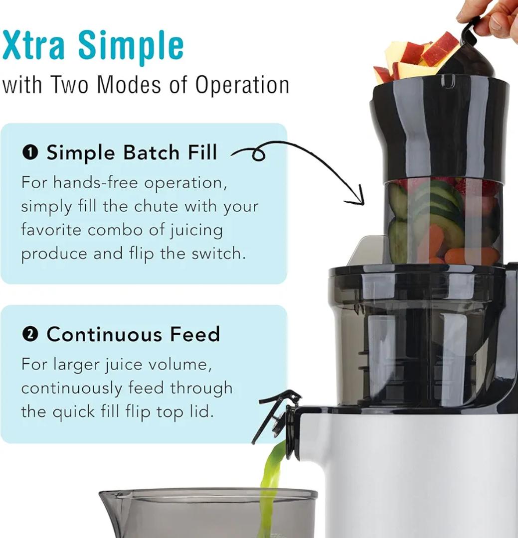 Signature SG-1507 Slow Juicer with 1L juice cup and 150W motor, self feeding system which seperates pulp and juice cold press design and reverse function to eliminate clogging
