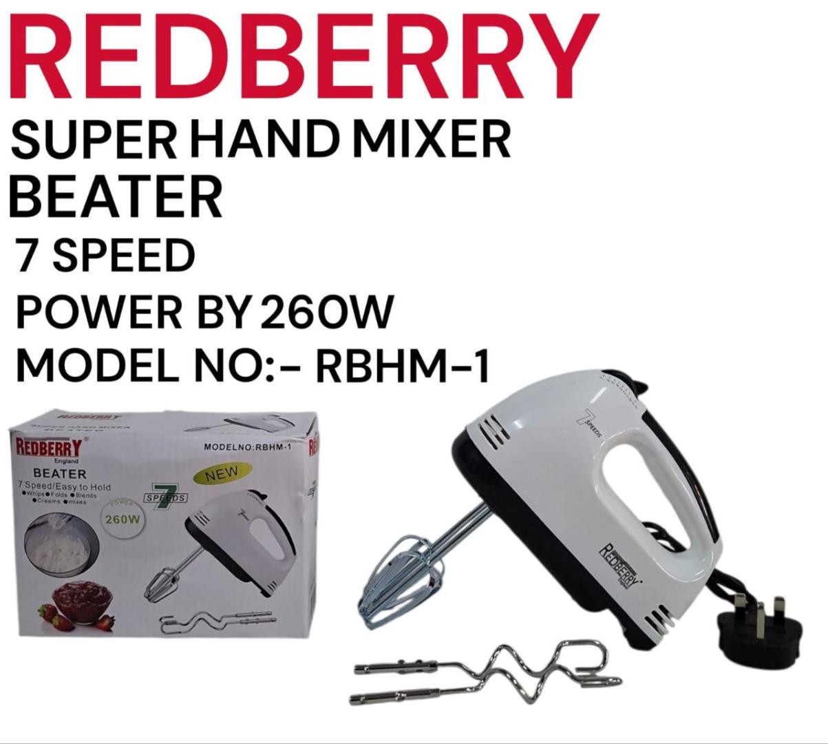 Redberry RBHM-1 Super hand mixer egg beater with 7 speed easy to hold 260W white