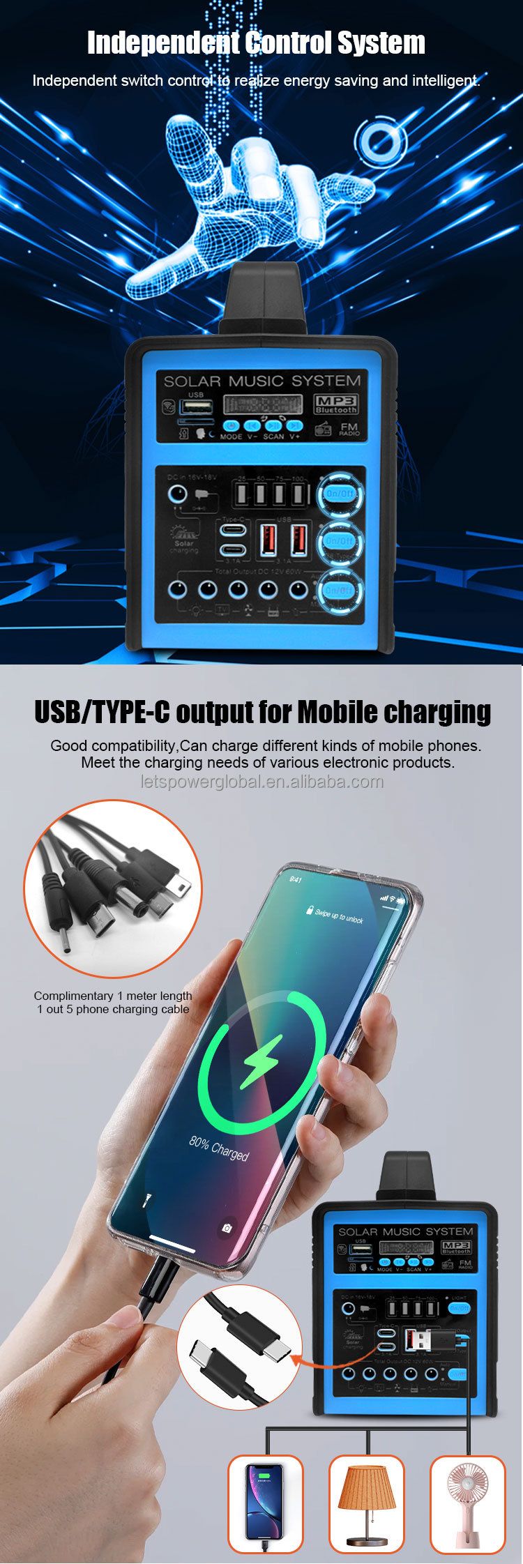 Portable Mini Home Solar Lighting System Kit for Lighting & Mobile Charging power bank 4pcs Super Bright 12V LED bulbs with FM radio and MP3 player