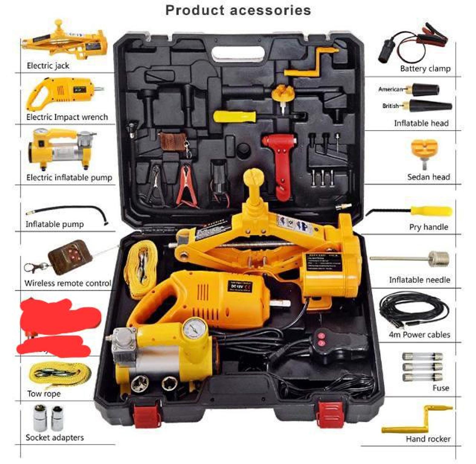 Electric Car Jack Kit 5 Ton 12V with Electric Wrench and Tyre Inflator Pump power jack and tyre inflator kit