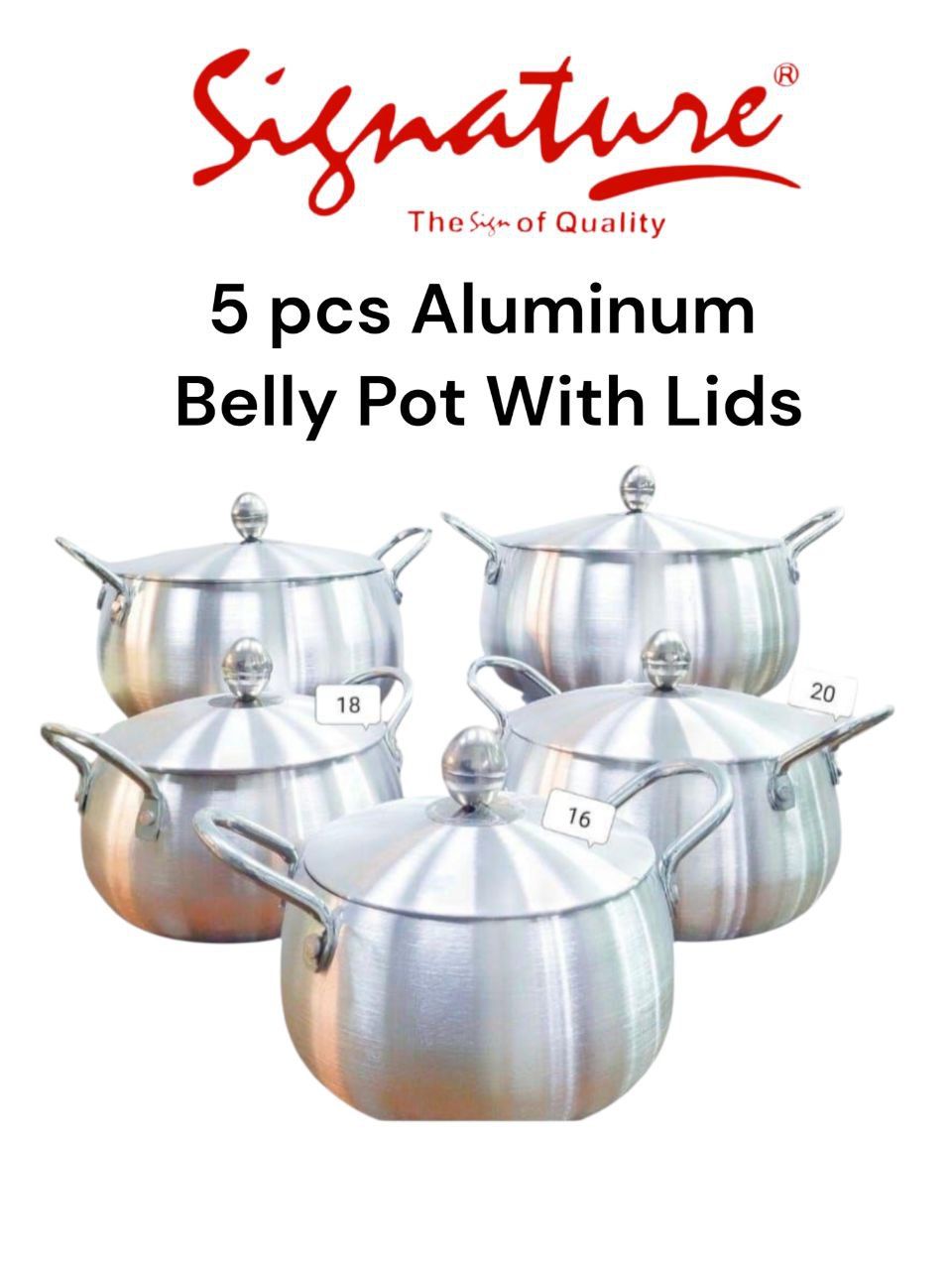 Signature 10pcs aluminium sufurias set belly pots cooking pots with lids sizes 16/18/20/22 and 24cm diameter