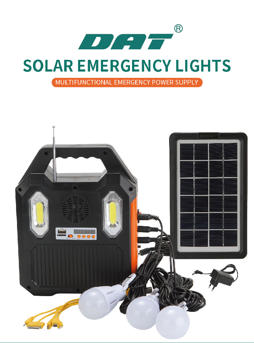 DAT Solar charging and lighting system kits with 3 led bulbs MP3 and radio function solar led lighting kits