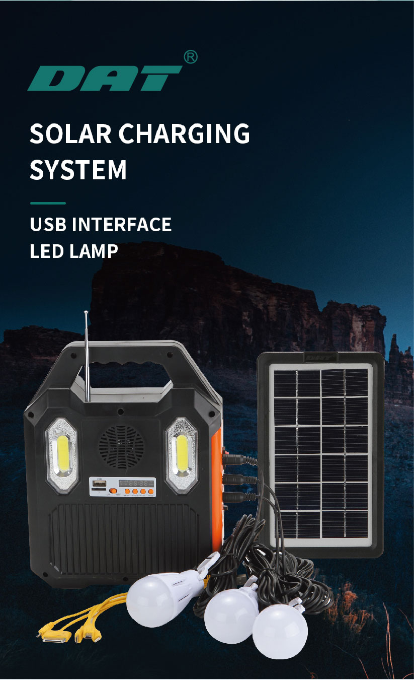 DAT Solar charging and lighting system kits with 3 led bulbs MP3 and radio function solar led lighting kits