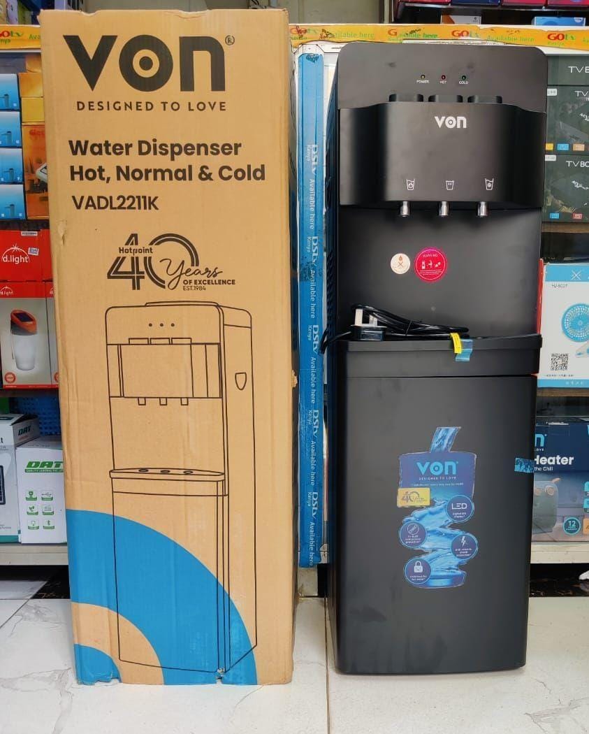 VON Water Dispenser 3 Tap Hot & Cold & Normal Electric Cooling With Cabinet Push Button Child Lock Safety- SILVER